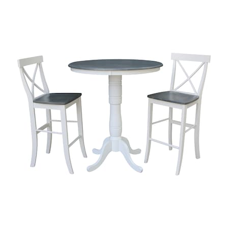 International Concepts Round 36 in Rd Pedestal Bar Ht Table, 2 X-Back Bar Ht Stools, White/Heather Gray, 36 in W, 36 in L K05-36RT-6B-S6133-2